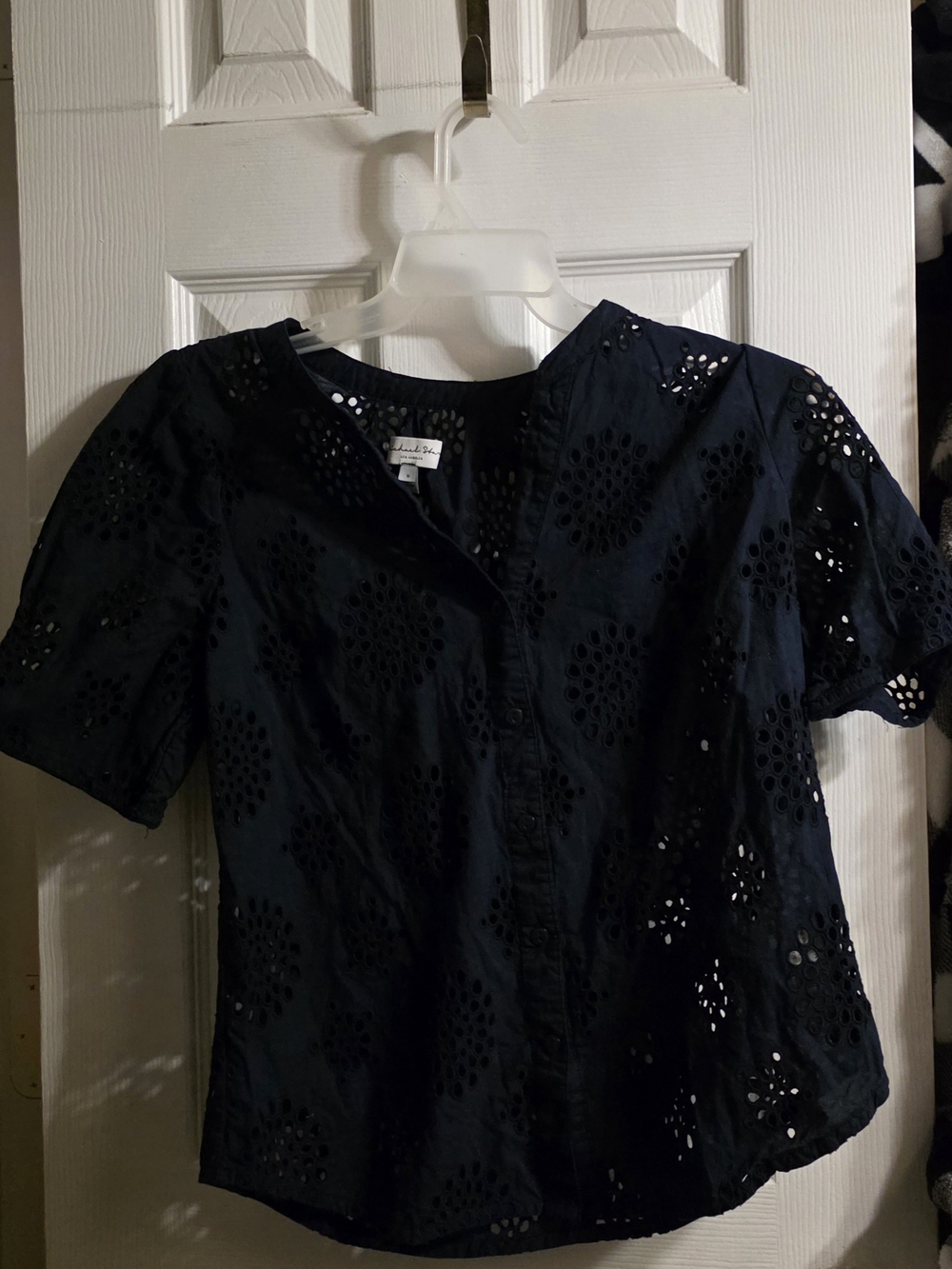 Michael Stars Navy Eyelet Button-Front Short Sleeve Top